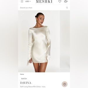 Davina Satin Long Sleeve Mini Dress - Ivory BRAND NEW WITH TAGS